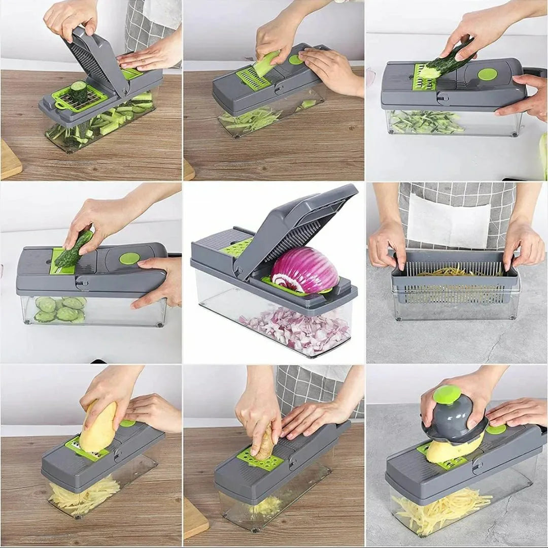 16-In-1 Multifunctional Vegetable Chopper & Slicer with Colander Basket and Storage Container – Heavy Duty Manual Food Cutter